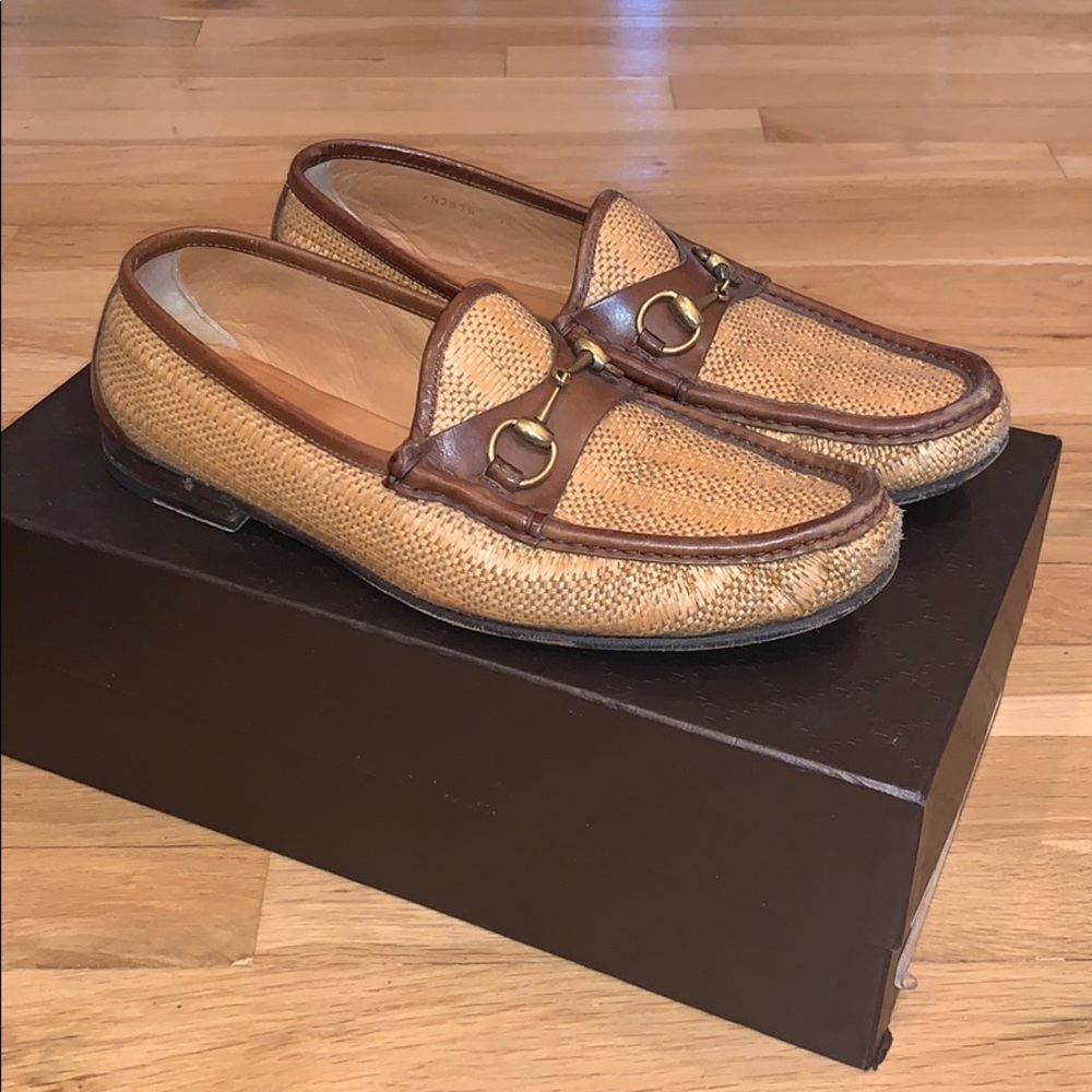 Gucci straw and leather loafers with horsebit symbol